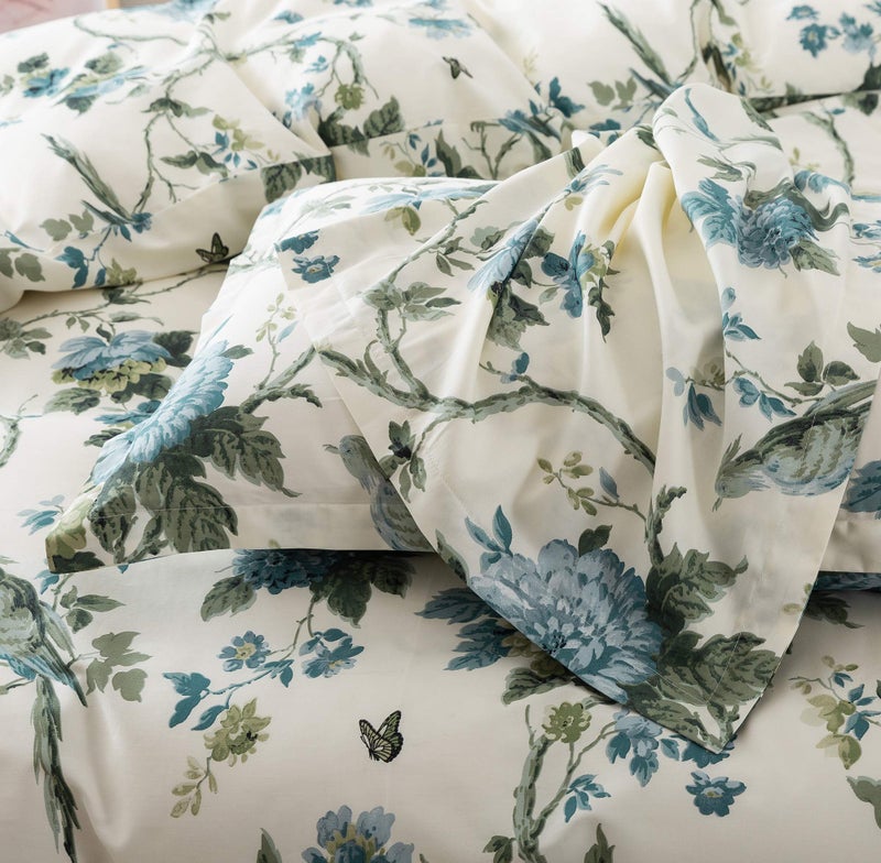 Eikei Exotic Modern Floral Print Bedding Birds Flowers Dusty Grey Design 100% Cotton Duvet Cover 3pc Set Hibiscus Blossom Branches in Muted Gray Blue (King, Citronelle Green) - Image 2